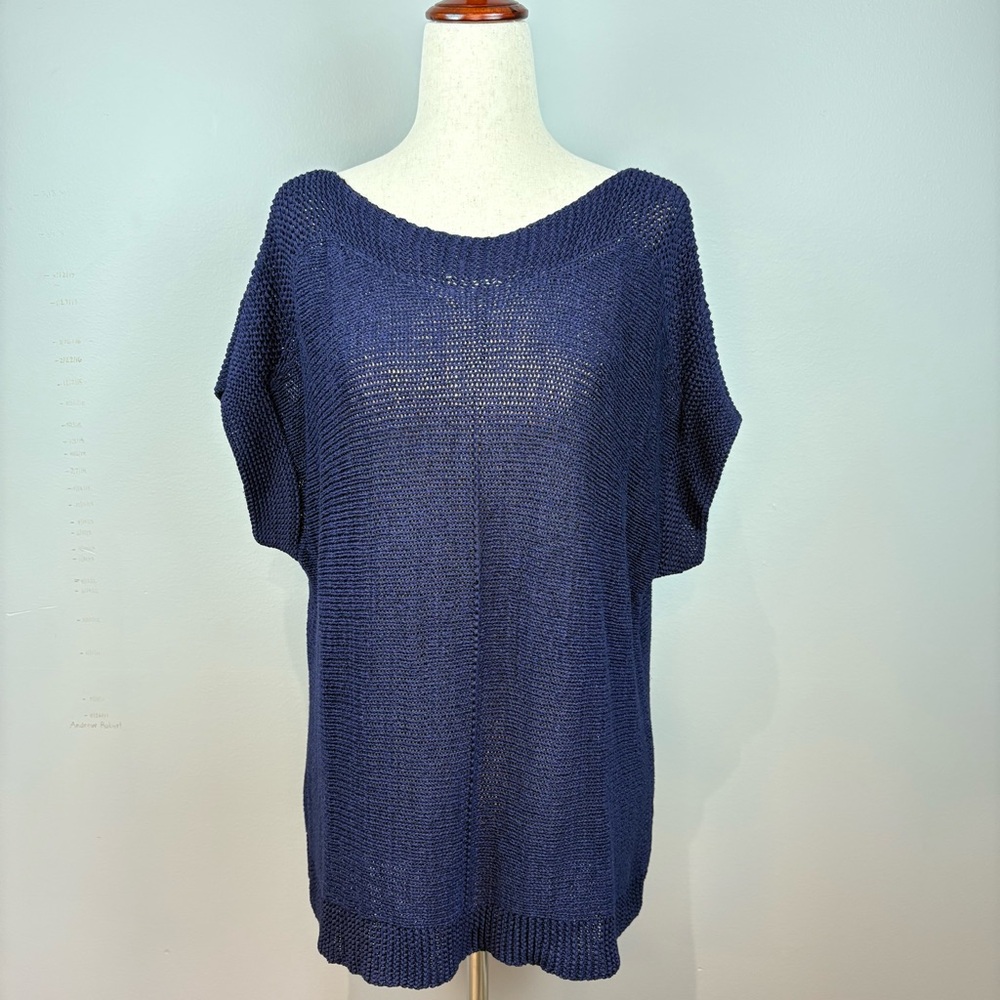 Pointelle Women’s Boatneck Loose Knit Sweater Size XL Indigo Blue Quiet Luxury